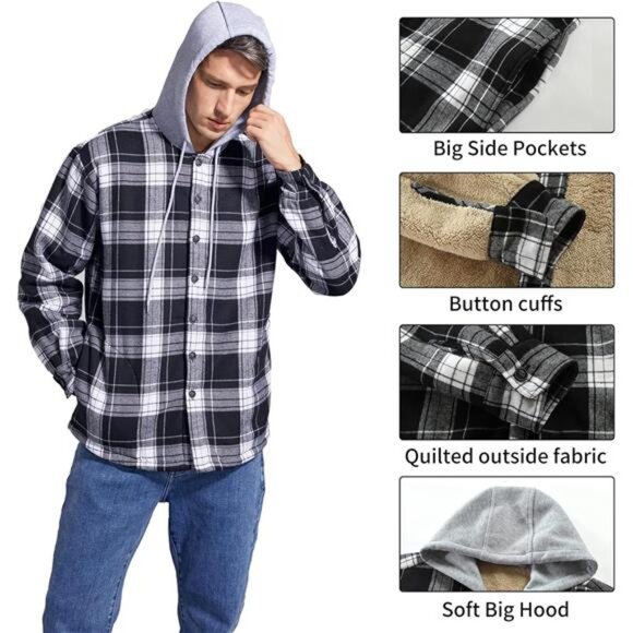 Mens Flannel Shirt Jacket Hooded Sherpa Lined Button Down Plaid Fleece Coat - Picture 7 of 8
